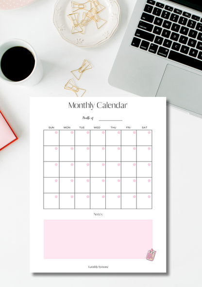 Monthly Calendar Template (1 page) | Digital Download