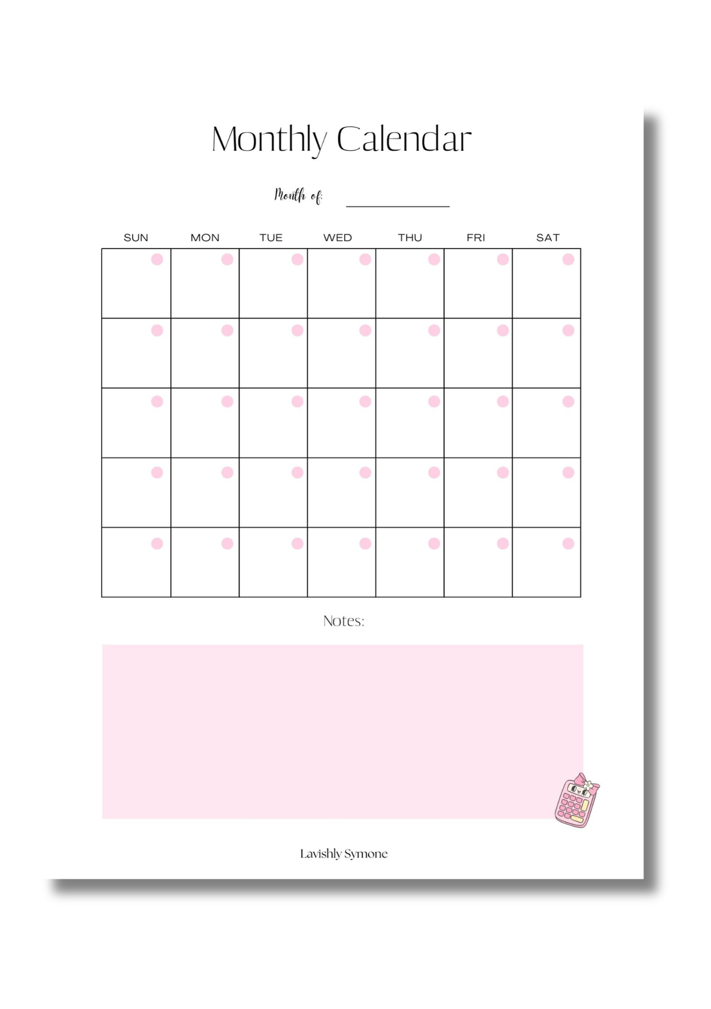 Monthly Calendar Template (1 page) | Digital Download