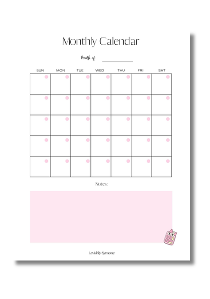 Monthly Calendar Template (1 page) | Digital Download