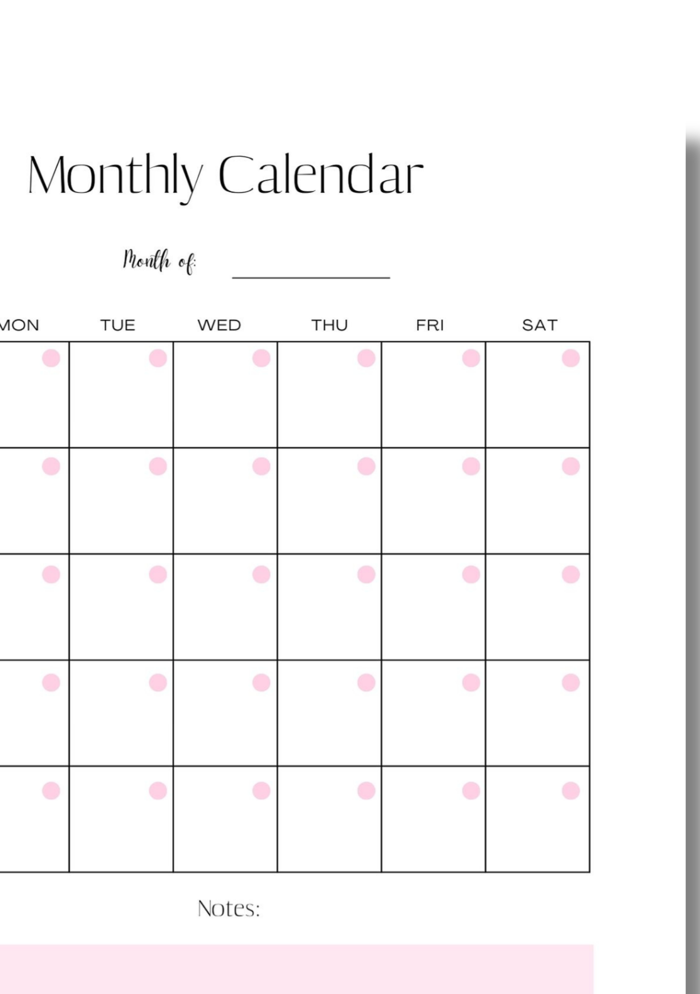 Monthly Calendar Template (1 page) | Digital Download