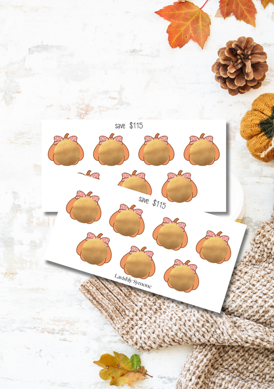 Save $115 | Bow Tie Pumpkin Scratch off Saving Challenge